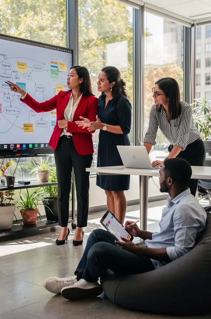 A team collaborating around a conference table reviewing a project timeline and automation strategy on a tablet.