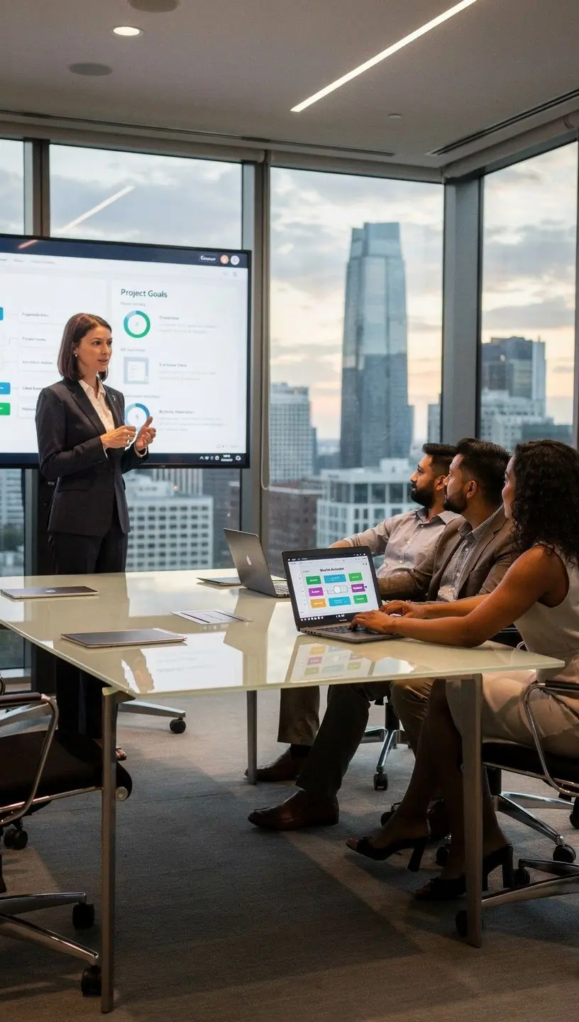 A professional workspace with dual monitors displaying task automation workflows and productivity charts.