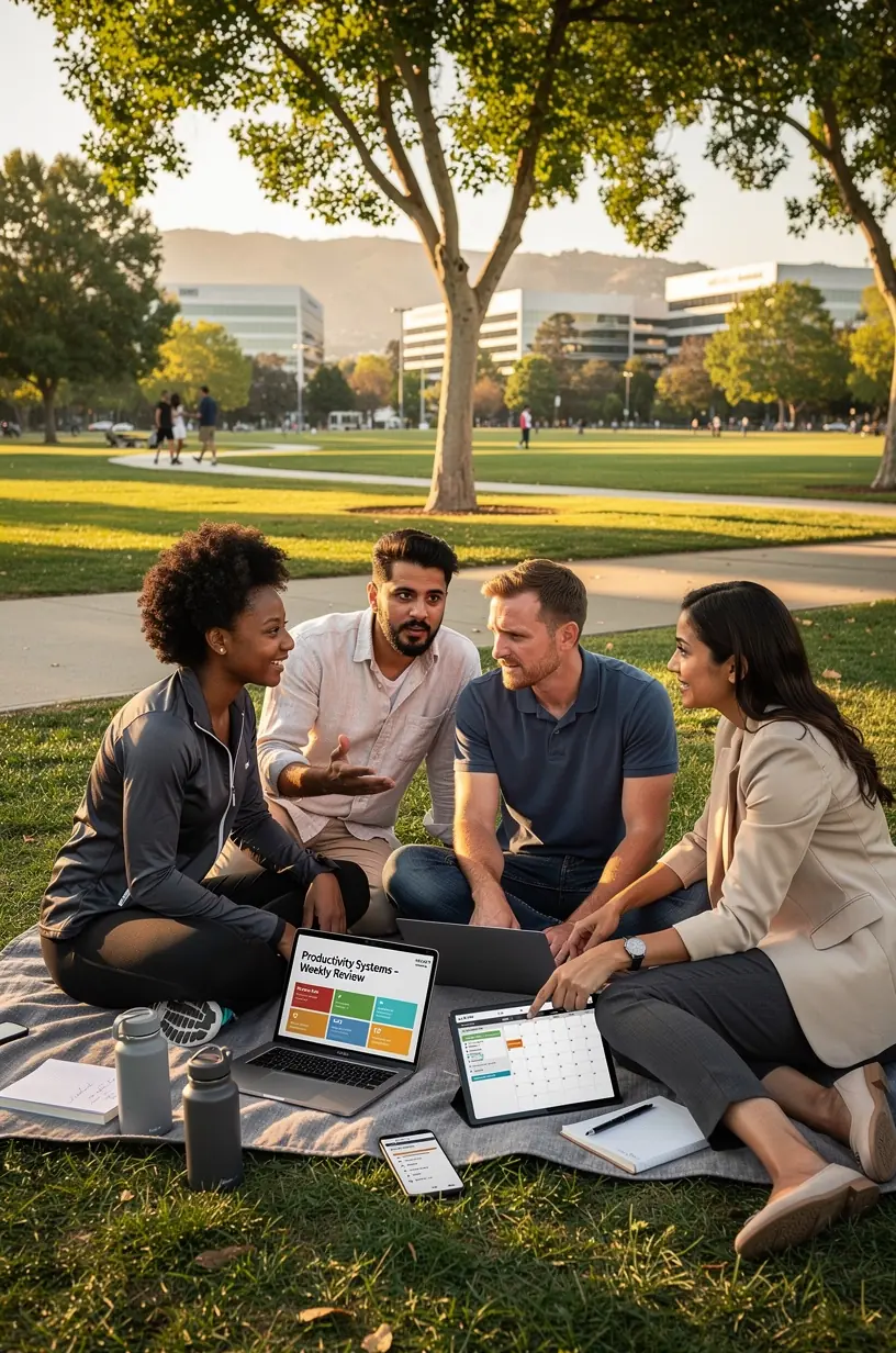 Close-up of hands typing on a laptop keyboard with a digital planner and productivity tools on the screen.